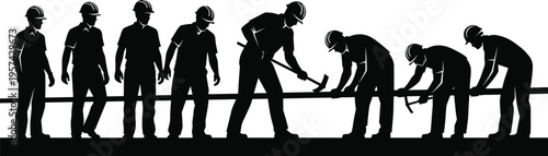 Silhouette of construction workers in hard hats working together as a team on a building site, industrial labor vector illustration