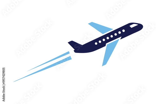 Modern jet airplane taking off with blue speed trails, business travel concept, jet plane