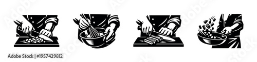 Black and white vector illustration of chefs preparing food with various kitchen tools depicting culinary skills