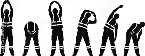 Silhouette of construction workers in reflective safety vests performing daily warm up stretches and morning exercise routines for workplace health and safety