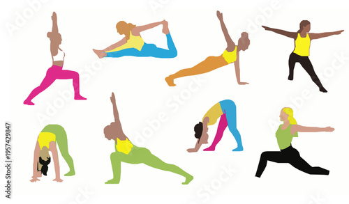 Diverse women yoga pose set with colorful sportswear modern fitness vector illustration