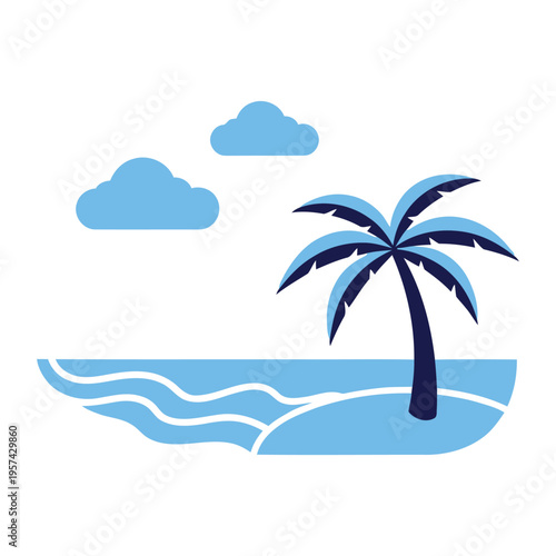 Tropical beach scene with palm tree, ocean waves, and clouds, tropical island