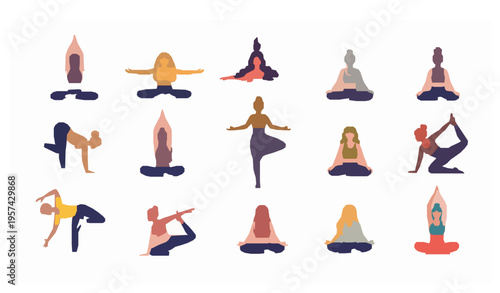Diverse women fitness and yoga exercises with active poses modern flat vector design