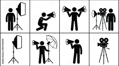 Film production silhouette icon set with director, megaphone, studio light, and camera symbols, minimalist black design for video production, filmmaking, and creative industry themes