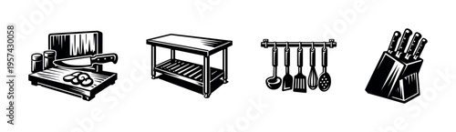 Black and white kitchen utensils and furniture vector set with knives cooking tools illustration