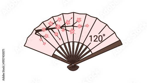 Elegant stylized illustration of a traditional Japanese folding fan, adorned with delicate pink cherry blossoms, representing cultural beauty and a conceptual 120-degree angle for versatile design