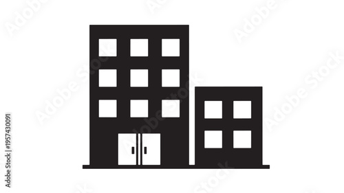 Building icon with multiple floors and doors, representing corporate offices or residential apartments in a modern city.