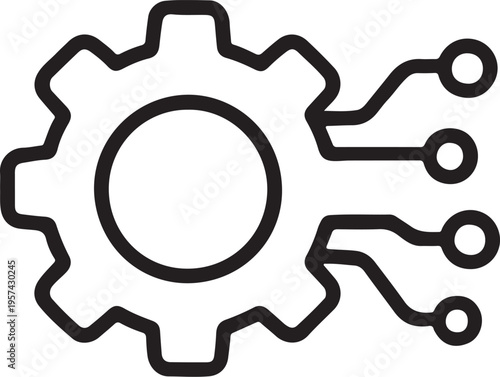 Illustration of black line icon of gear with circuit board elements