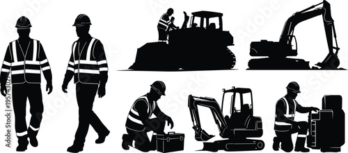 Silhouette of construction workers with excavator and bulldozer for industrial site safety heavy machinery operation building project management and civil engineering work