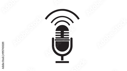 Microphone icon with broadcast waves symbol, representing podcasting, broadcasting, and audio recording