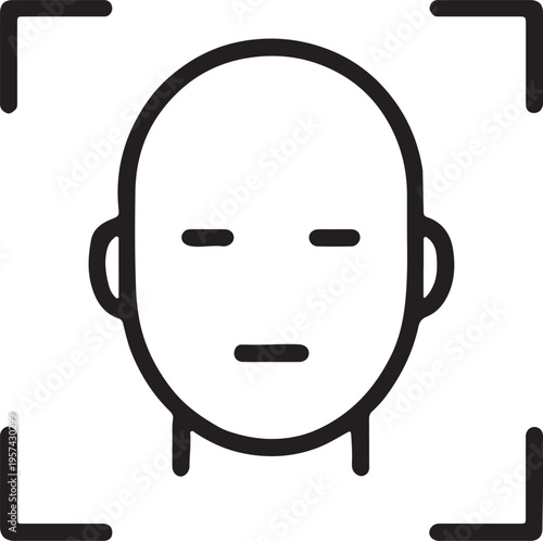 Illustration of a simple black line drawing of a bald mans face with a neutral expression