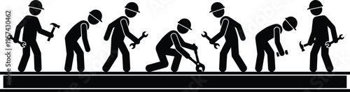 Silhouette of Industrial Construction Workers Team Carrying Tools and Building Infrastructure on Steel Beam for Professional Engineering Site Project Development Concept