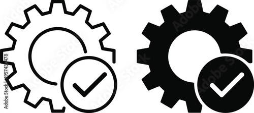 Gear with checkmark icon set in outline and silhouette styles, modern vector illustration symbolizing verified settings, successful configuration, system approval, and technical confirmation concepts.