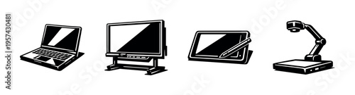 Black and white illustrations of laptop interactive whiteboard graphics tablet projector silhouette vector