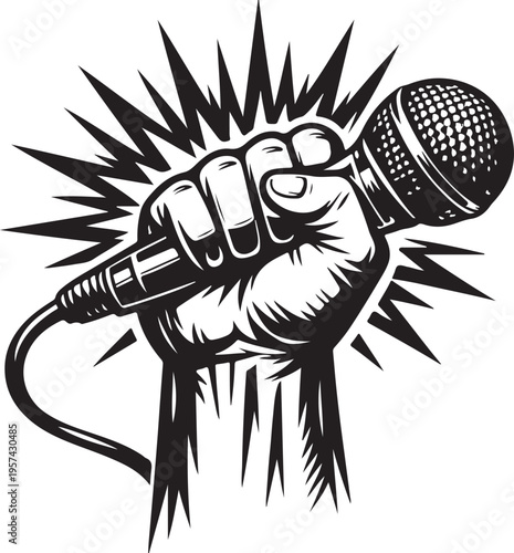 A clenched fist holding a microphone tightly symbolizing freedom of speech protest music performance 