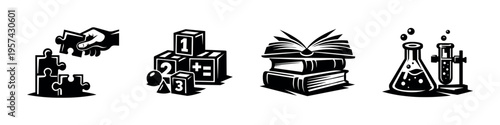 Black and white educational icons, puzzle and science elements, book and blocks silhouette vector
