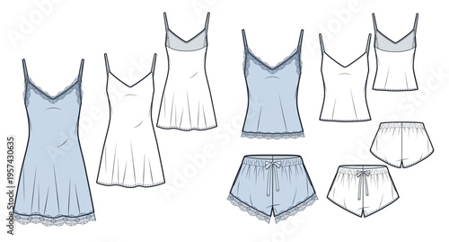 Women Sleepwear Set Fashion Flat Technical Drawings, Lace Trim Slip Dress Camisole Top and Sleep Shorts CAD Templates