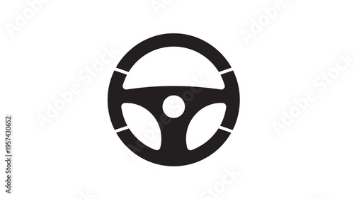 Steering wheel black icon with a central circle and three spokes with white accents, symbolizing driving and transportation.