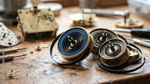 Clock mainspring barrels with coiled blue steel springs on workbench