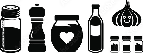 Kitchen ingredient silhouette icon set with salt shaker, pepper grinder, condiment jar, oil bottle, garlic bulb, and spice jars, minimalist black culinary design illustration
