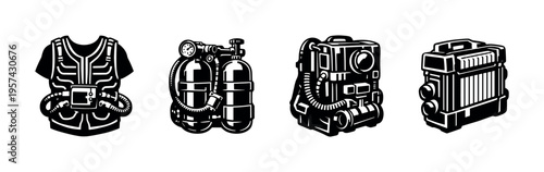 Silhouette vector illustration of scuba diving equipment set with tanks and vest
