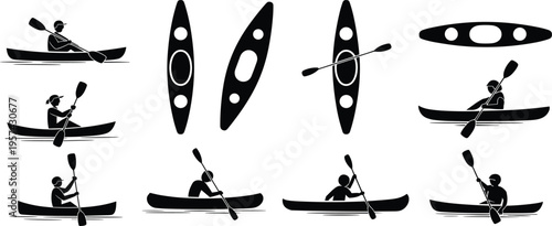 Kayak silhouette icon set with paddling scenes and top‑down designs, minimalist black illustration for water sports, outdoor adventure, recreation, and boating themes