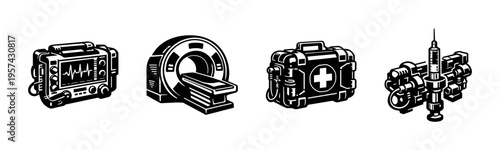 Black and white medical equipment icons, including mri scanner, heart monitor, first aid kit, and syringe, vector illustration