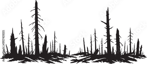  Burnt forest landscape with dead tree trunks silhouette vector on white background.