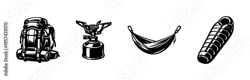 Camping gear vector illustration with backpack, stove, hammock, sleeping bag in black and white silhouette