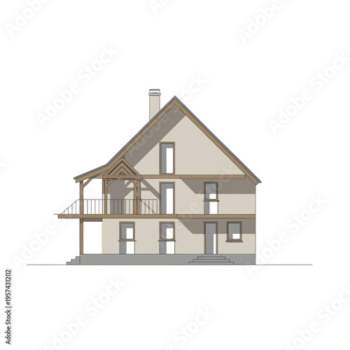 Twostory house with porch and balcony on white background