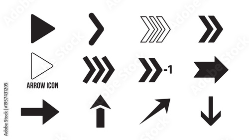 Arrows icons set with various shapes including play, right, double arrows, and directions for navigation and digital interfaces.