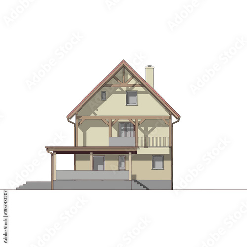Twostory house with balcony and chimney on white background