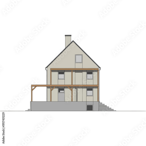 Twostory house with wooden deck and chimney on white background