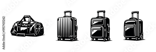 Black and white silhouette of various luggage types including suitcase and duffel bag in vector style