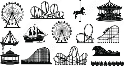 Silhouettes of amusement park rides including roller coasters, ferris wheels, carousels, and pirate ships for carnival and theme park entertainment industry
