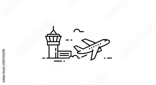 Airplane Taking Off From Airport Control Tower Icon