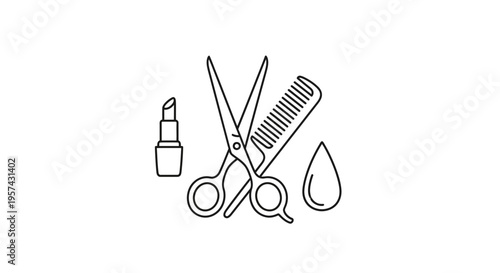 Beauty Salon Icons: Scissors, Comb, Lipstick, and Droplet - Minimalist Line Art