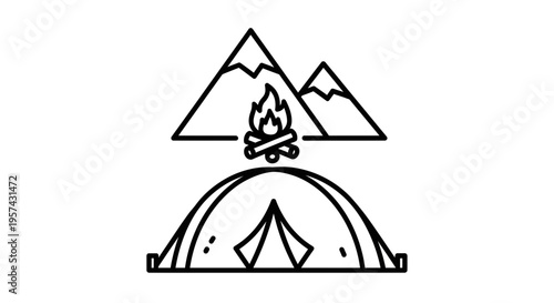 Camping Adventure: Tent, Bonfire, and Mountains Icon Set