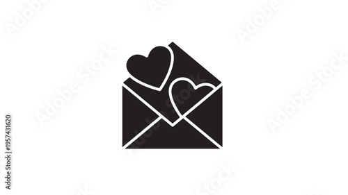 Envelope icon with two hearts peeking out, symbolizing love letter or romantic message, rendered in bold black solid silhouette.