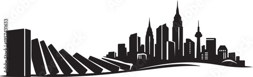 Domino Effect Concept with Falling Tiles and City Skyline Silhouette vector