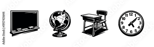 Black and white school elements vector illustration featuring chalkboard, globe, desk, clock