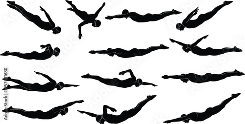 Swimming silhouettes collection swimmer diving freestyle butterfly poses isolated on white background vector illustration set aquatic sport movement athlete