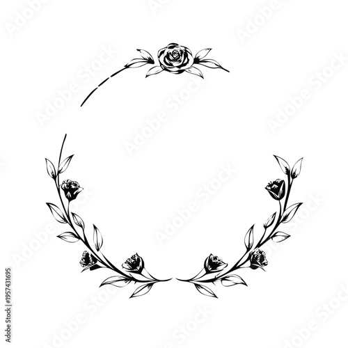 Elegant circular floral frame illustration with delicate rose buds and vine leaf embellishments