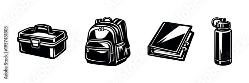 Vector illustration of school supplies backpack lunchbox water bottle and notebook in black and white style