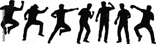 Silhouette set of men performing fighting boxing and jumping action poses martial arts training energy strength motion vector illustration