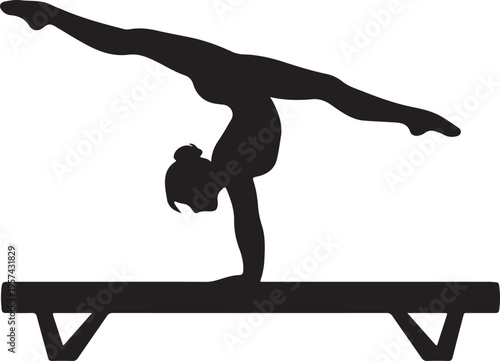  Gymnast performing on a balance beam, minimalist artistic gymnastics sport and flexibility