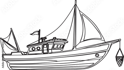 A nautical summer scene featuring a white yacht and a traditional fishing trawler sailing across the deep blue ocean water under a clear sky near the harbor coast.