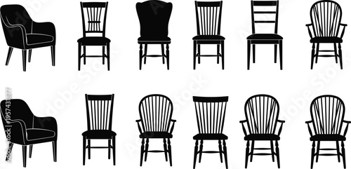 Chair silhouettes collection furniture set with armchairs and wooden chairs isolated vector illustration for interior design home decor and seating concept