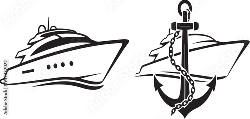 A black and white yacht sails on the summer sea in this nautical vector illustration of a luxury cruise ship vessel for marine travel and ocean transportation.