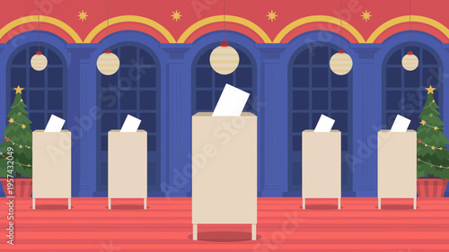 Voting booths with Christmas trees inside building interior red carpet blue wall